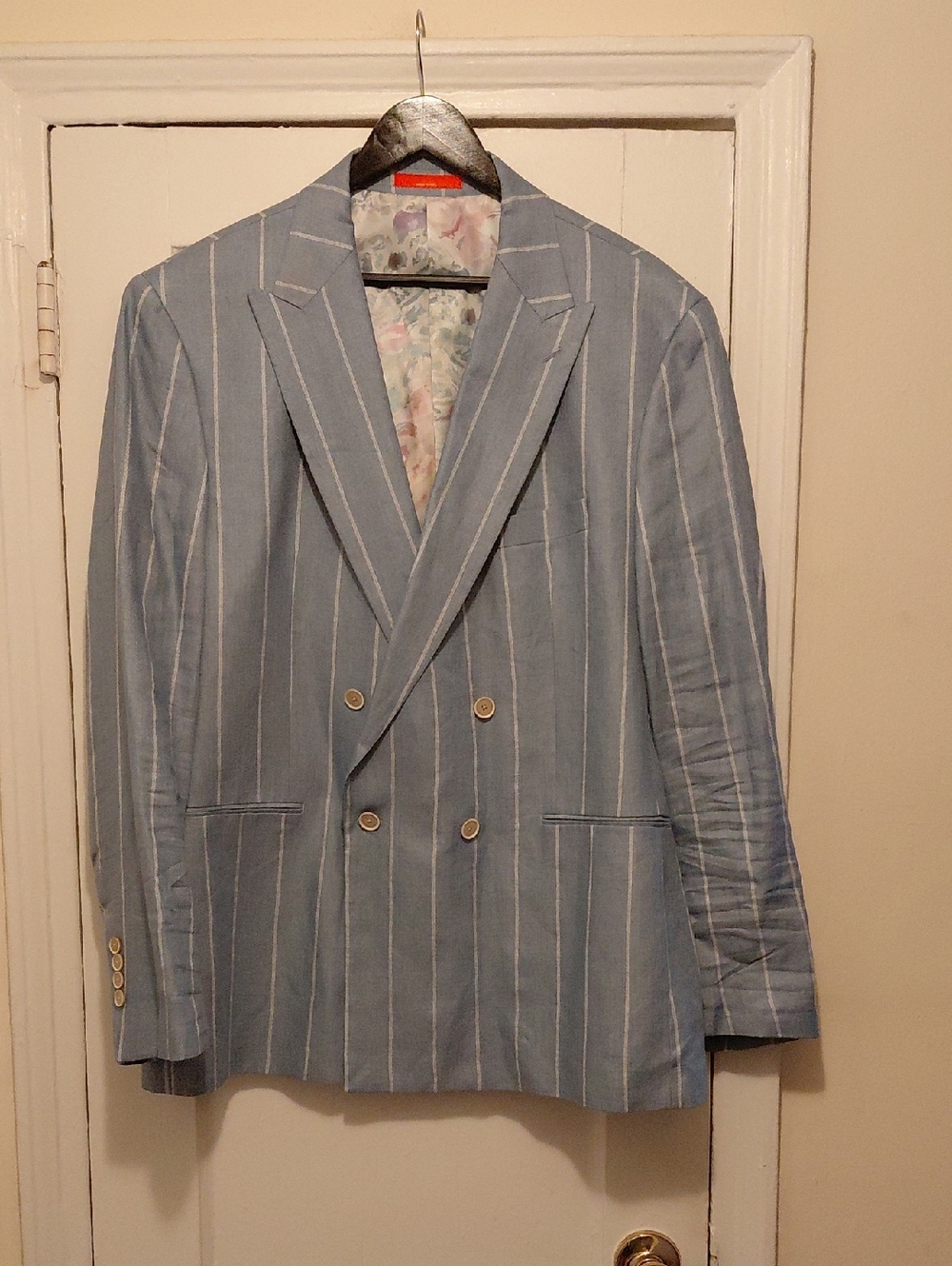 TALLIA Light Blue & White Pinstripe Double-Breasted Linen Blazer